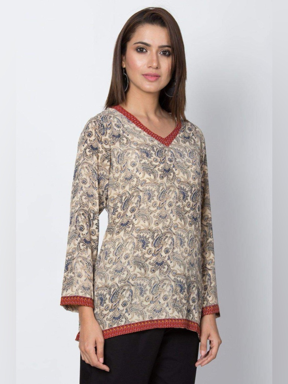 Biba Silk Ethnic Kurti Paisley V-Neck Women’s Tunic Top
